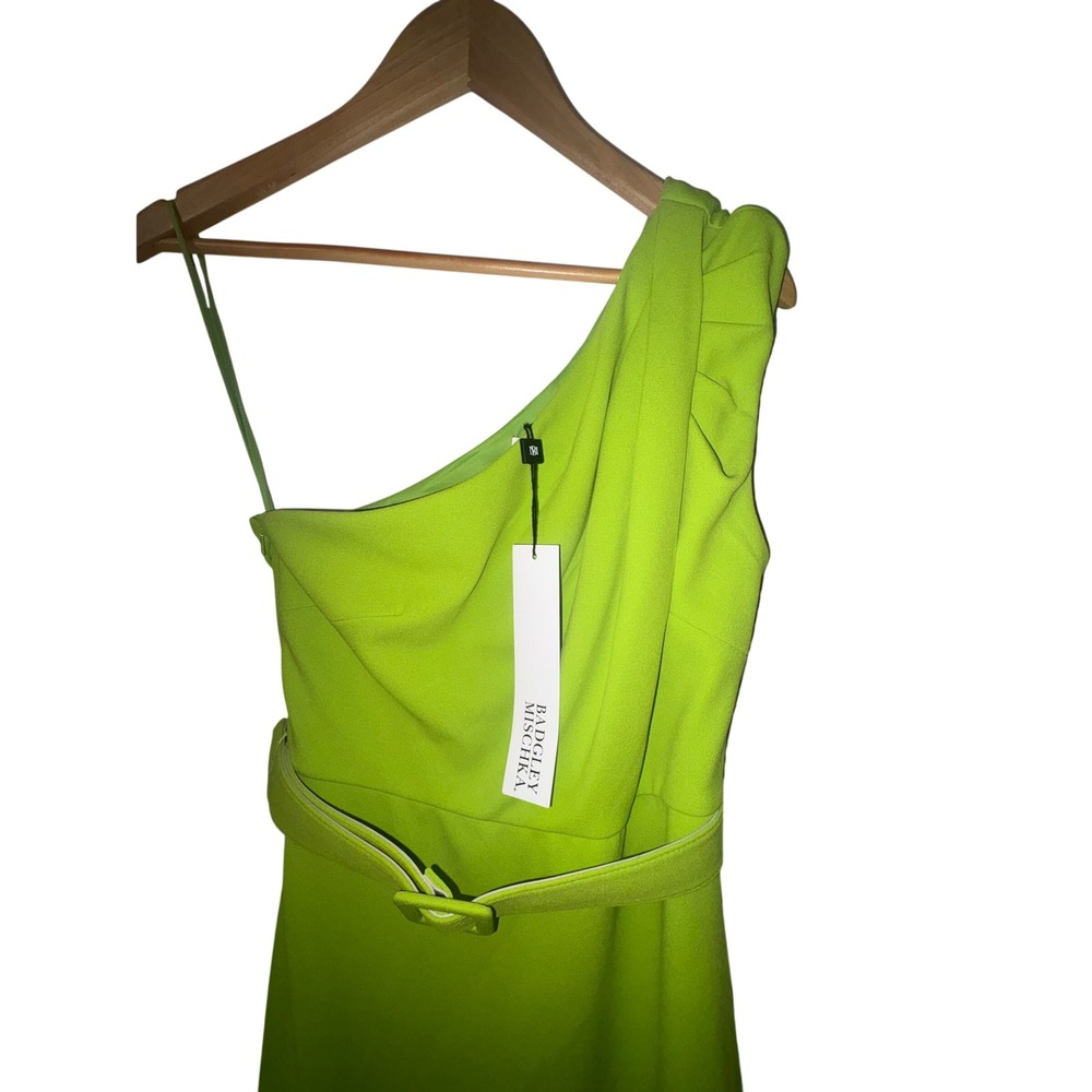 $895 Badgley Mischka Womens One Shoulder Belted Gown Lime Green Size 4 NWT - Picture 12 of 16